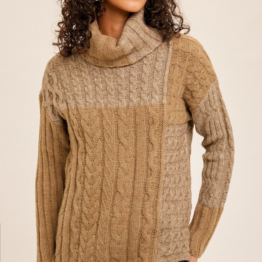 HEM & THREAD Chunky Cable Knit Turtleneck Sweater, Two-Tone Neutral Brown Beige